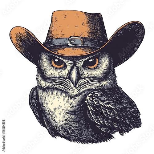 Owl wearing a cowboy hat with an expressive gaze. photo