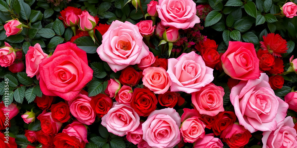 Fototapeta premium Vibrant roses, Red and pink blooms, Lush floral arrangement, Close-up flower photography, Garden beauty, Romantic bouquet, Rich saturated colors, Full frame floral composition, Valentine's Day theme, 