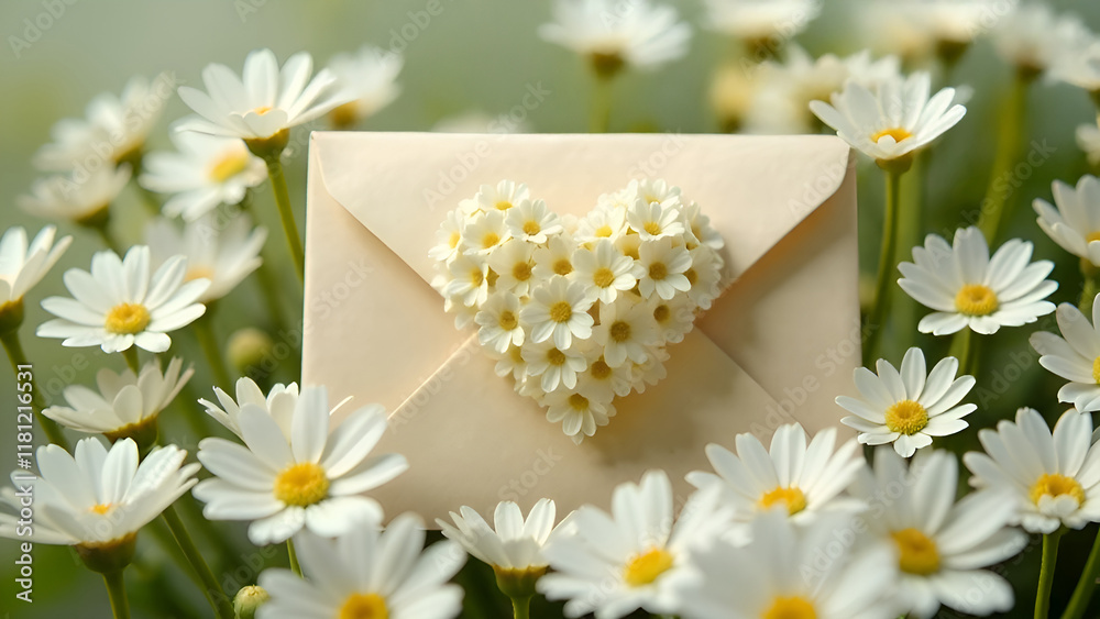 A beautifully crafted envelope adorned with a floral heart and vibrant daisies, adding a romantic touch