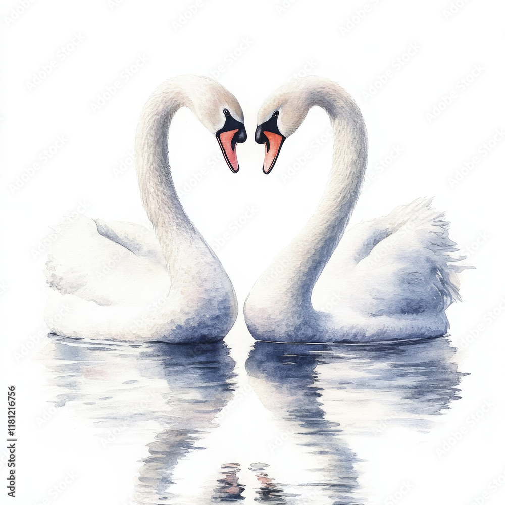 Fototapeta premium Elegant swans forming heart shape, reflecting on calm water
