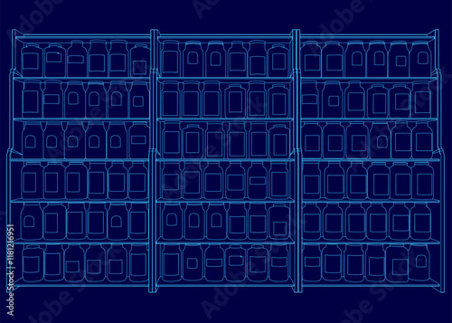 Blue image of a shelf with many jars on it. The shelf is divided into three sections