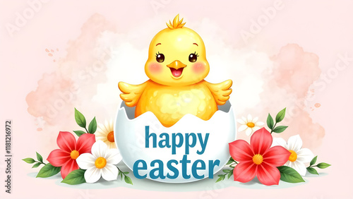 A Cute Easter Chick Emerging from Its Egg Surrounded by Beautiful Flowers and Colors. Happy Easter.