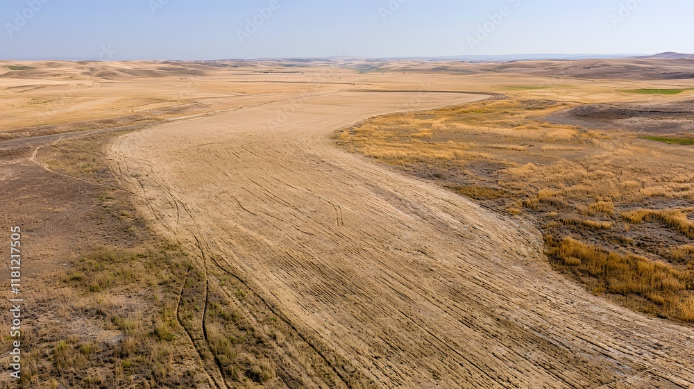 Aerial view of a parched agricultural field with faint remnants of irrigation lines. Aerial view of a parched agricultural field with faint remnants of irrigation lines.