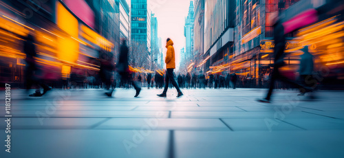 Tourists walking on a busy shopping street at dusk with motion blur effect. Commercial photography - live vibrant urban scene with walking people and modern architecture photo