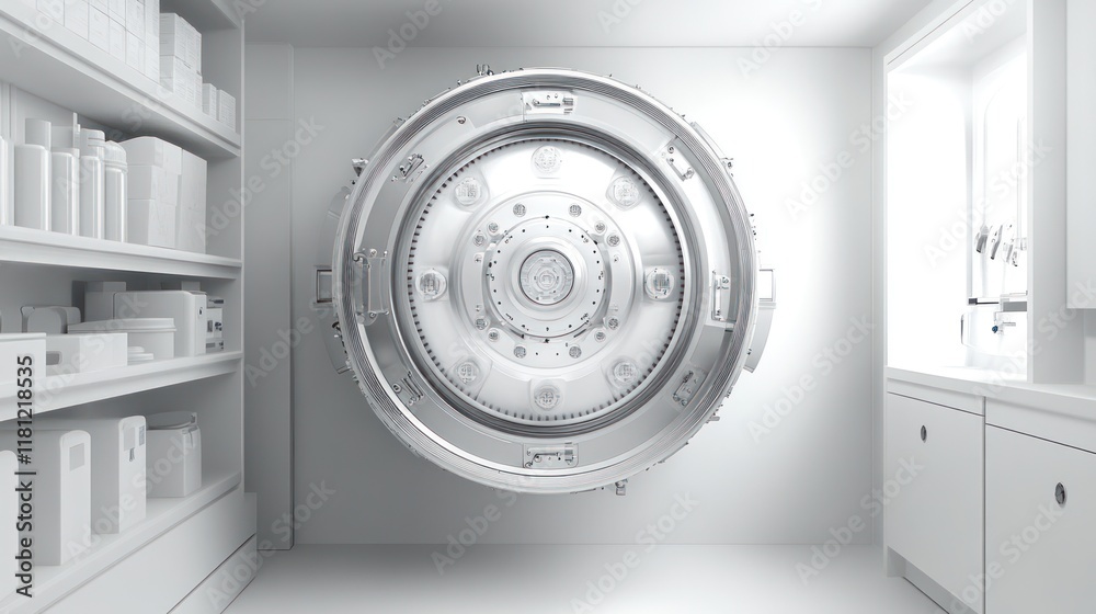 Vault Door in Minimalist White Room: A Conceptual Image of Security and Storage Vault Door in Minimalist White Room: A Conceptual Image of Security and Storage