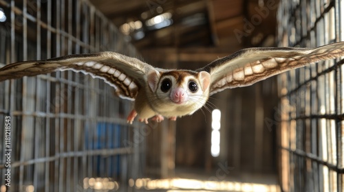 A sugar glider in flight, showcasing its gliding membrane in a rustic indoor setting. photo