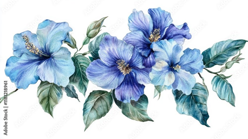 Fototapeta premium Blue Hibiscus Flowers Arrangement with Leaves and Stems