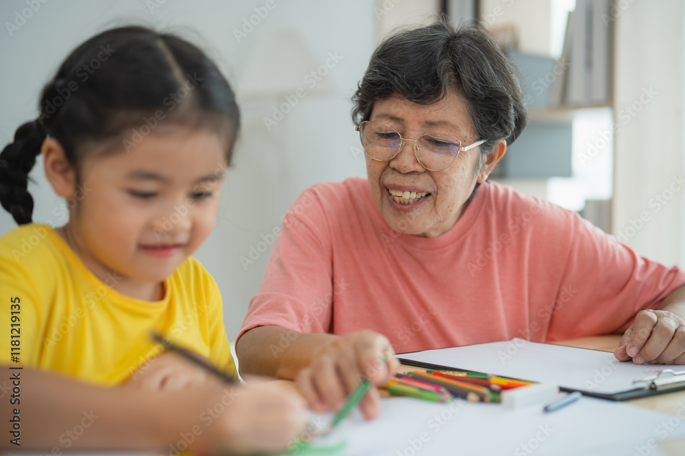 Heartwarming Scene of a Grandmother and Granddaughter Bonding Through Art and Creativity in a Cozy Indoor Setting with Bright Natural Lighting Heartwarming Scene of a Grandmother and Granddaughter Bonding Through Art and Creativity in a Cozy Indoor Setting with Bright Natural Lighting