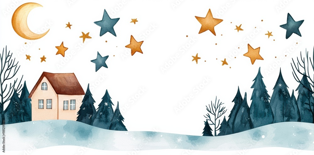 Naklejka premium Winter landscape with moon and stars cozy house nature scene