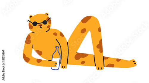 Cheetah relaxing with drink bottle. Cool funny leopard animal in sunglasses, resting with summer beverage, lying and enjoying leisure. Comic flat vector illustration isolated on white background