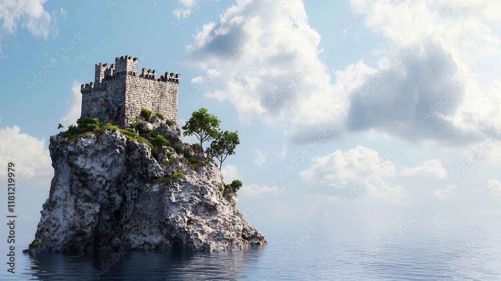 Castle on cliff edge, unyielding in fierce winds, 3D illustration Castle on cliff edge, unyielding in fierce winds, 3D illustration