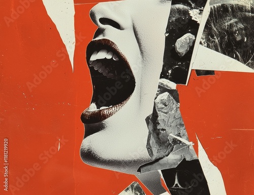 Stylish and contemporary art collage featuring a bizarre mouth in place of a head, exuding rock and roll energy with a devil's horn sign