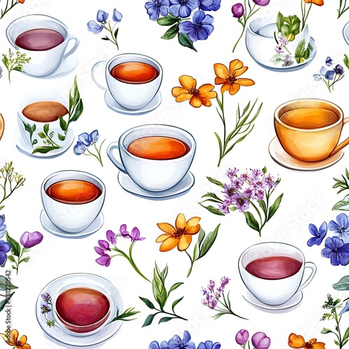 Seamless Pattern of Decorative Tea Cups with Floral Design  photo