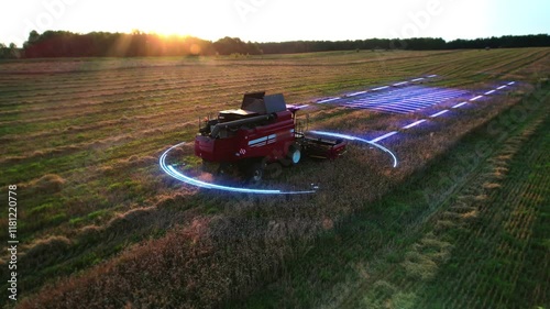 Aerial view of an autonomous self-driving harvester with autopilot, harvesting grain from an agricultural field using GPS navigation system for positioning. Futuristic agriculture, HUD-animation, 4k.