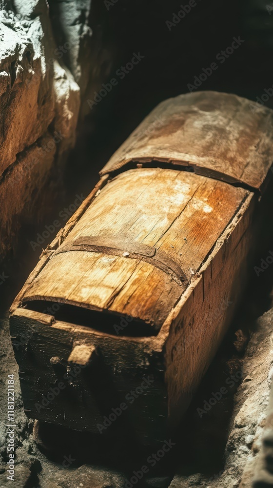 An ancient wooden sarcophagus resting in a dimly lit excavation site. An ancient wooden sarcophagus resting in a dimly lit excavation site.