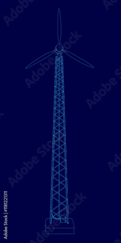 Tall wind turbine is shown in blue. The image is a stylized drawing of the turbine