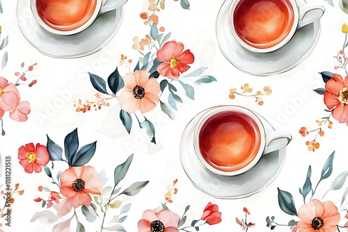 Seamless Pattern of Decorative Tea Cups with Floral Design  photo