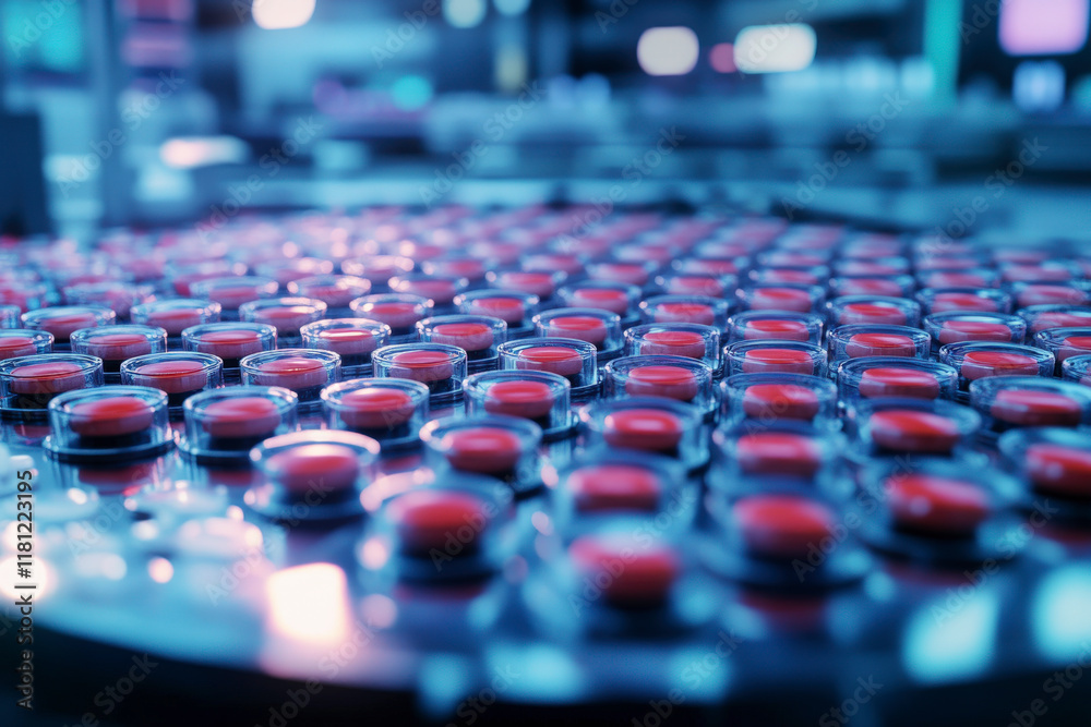 Fototapeta premium A vibrant array of pharmaceutical capsules on a production line signifies the advanced technology and precision involved in modern pharmaceutical manufacturing.
