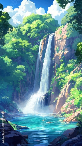 A serene waterfall cascading into a tranquil pool surrounded by lush greenery.