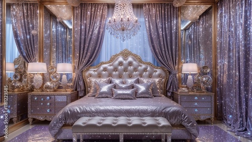 A luxurious and glamorous bedroom where everything is coated in sparkling glitter photo