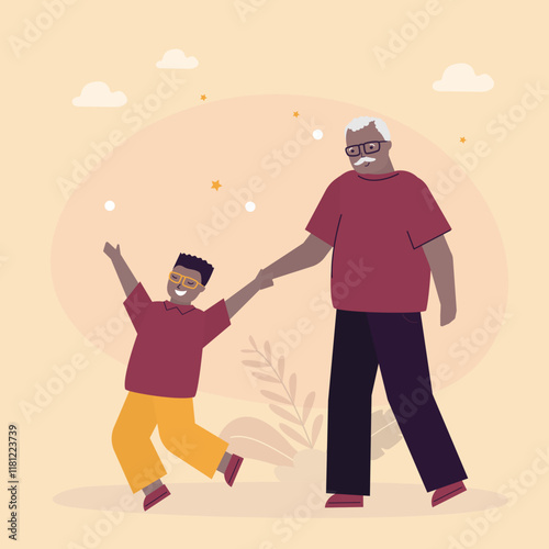 Grandfather and grandson walk holding hands. Grandparents and grandchildren spending time together, weekend. Happy grandparent with their grandson taking walk in park.