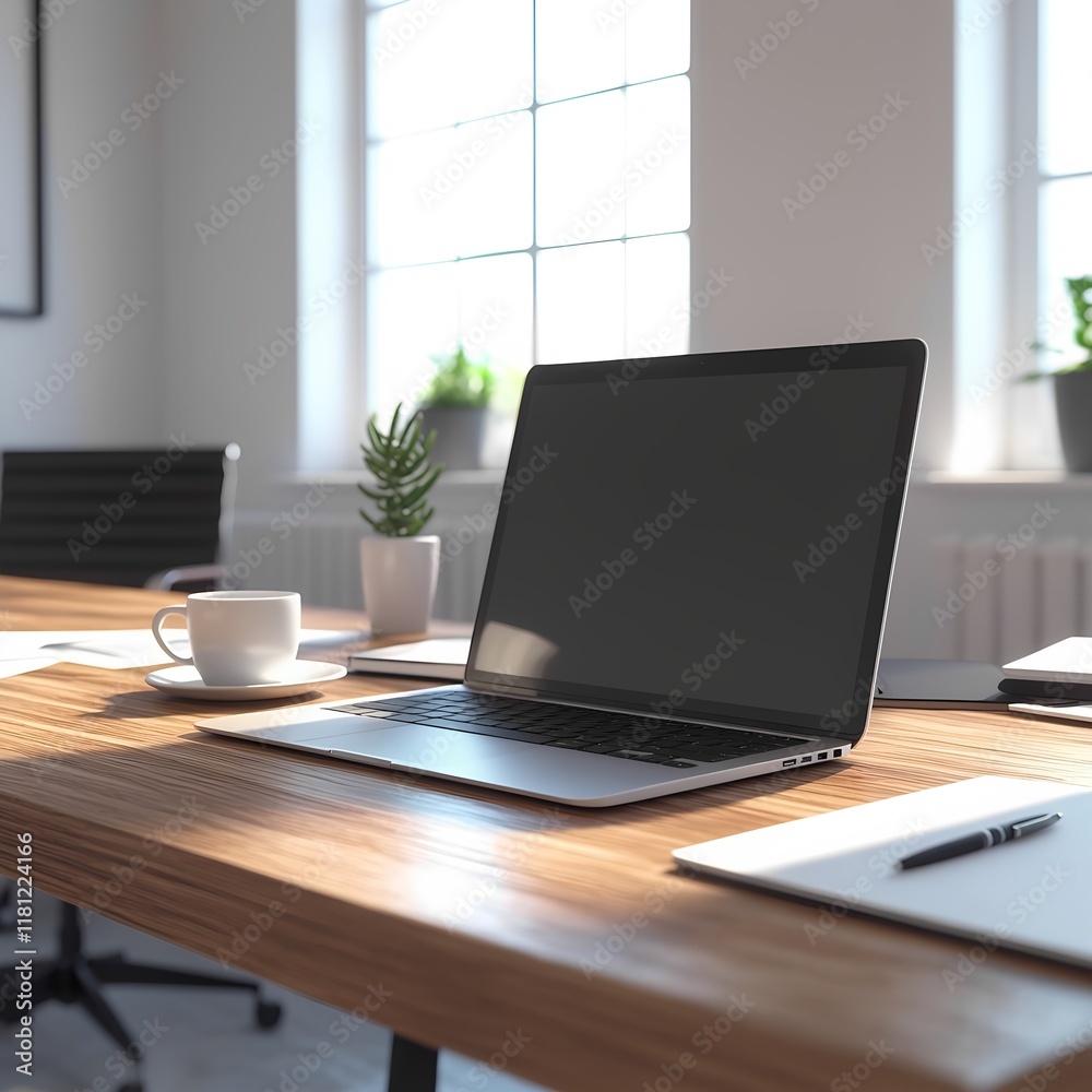 Modern Office Workspace with Laptop and Coffee Modern Office Workspace with Laptop and Coffee