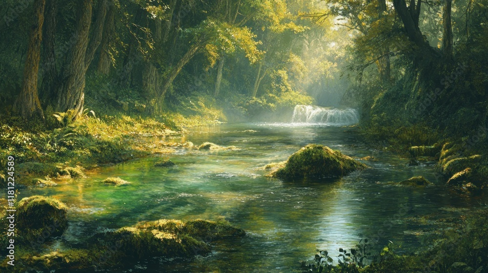 Fototapeta premium Enchanted Forest River: Serene Waterfall and Lush Greenery