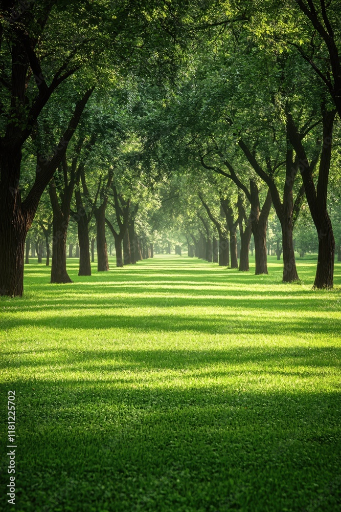 Serene Green Tree Lined Path Peaceful Summer Sunlight Nature Scene