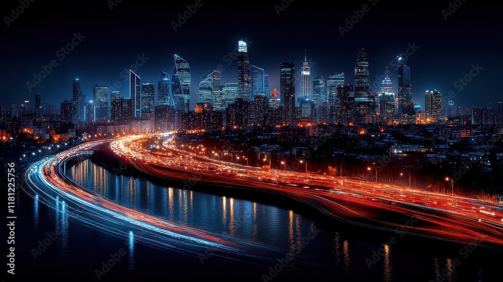 Obraz premium Night cityscape with highway light trails.