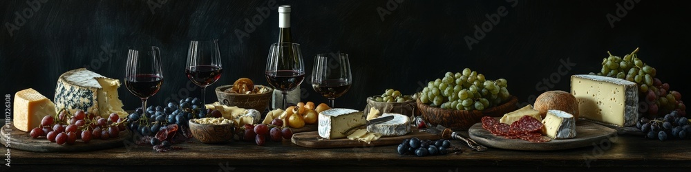 Naklejka premium Still life of wine, cheese, and grapes on wooden table.