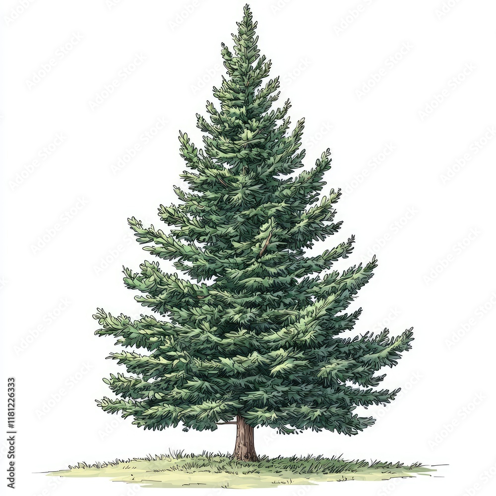 Obraz premium Majestic Evergreen Tree: A Detailed Botanical Illustration of a Coniferous Tree in a Natural Setting