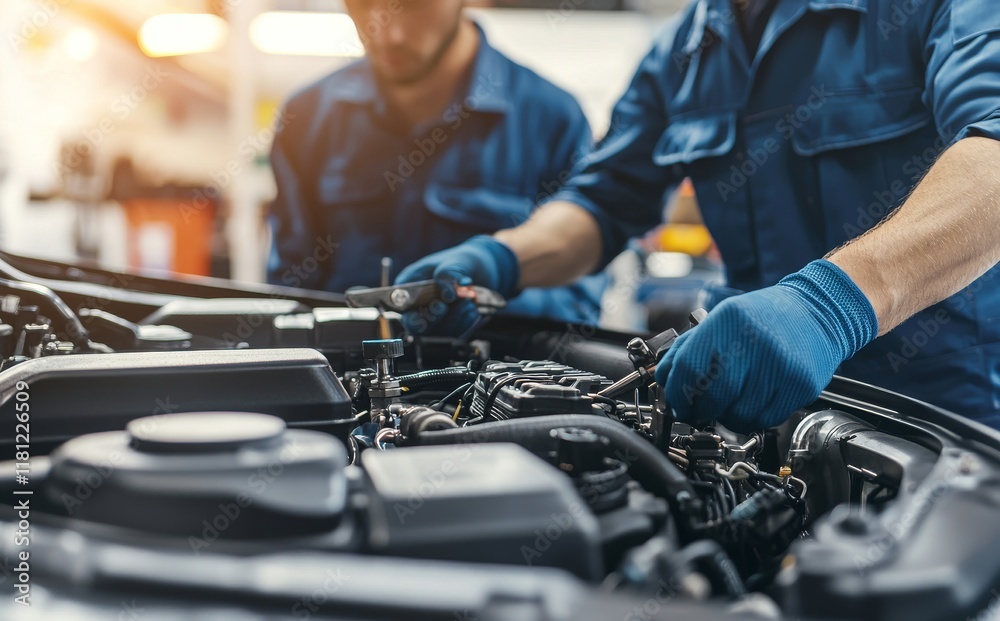 Two mechanics are repairing a car engine.