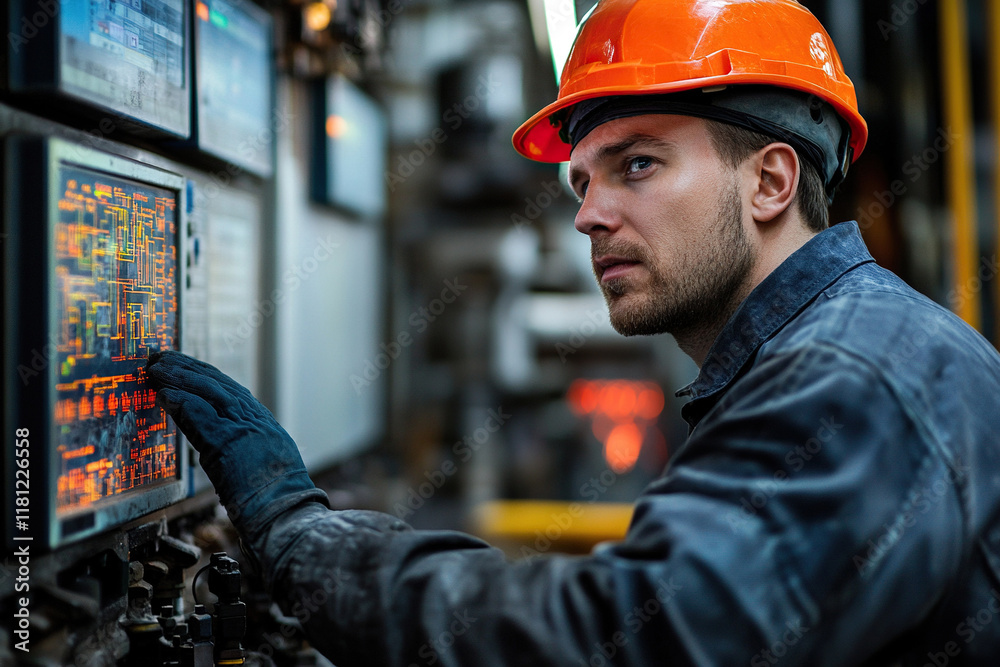 Portrait of a foreman or engineer in a safety helmet at a factory working on a computer. Generated by artificial intelligence Portrait of a foreman or engineer in a safety helmet at a factory working on a computer. Generated by artificial intelligence