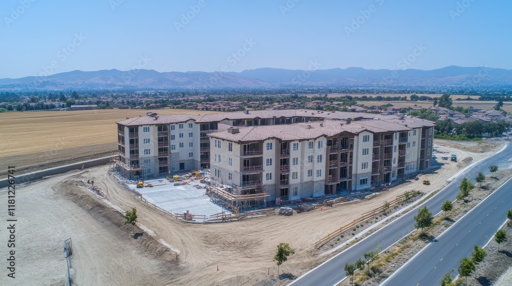 A view of a completed construction project, showcasing a new building with landscaping and roads. Copy space. A view of a completed construction project, showcasing a new building with landscaping and roads. Copy space.