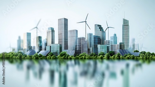 Futuristic cityscape with wind turbines and solar panels symbolizing green energy surrounded by skyscrapers reflecting ESG and sustainable industry values on a clean minimalistic background