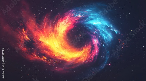 Glowing galaxy spiraling with vivid colors surrounded by distant stars on a dark minimalistic background showcasing the beauty of space and planets