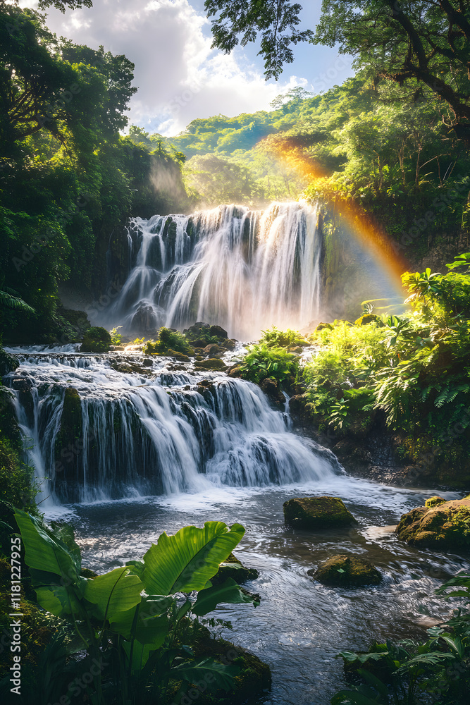 Fototapeta premium Enchanting Tropical Waterfall with Rainbow Amidst Lush Greenery and Mist