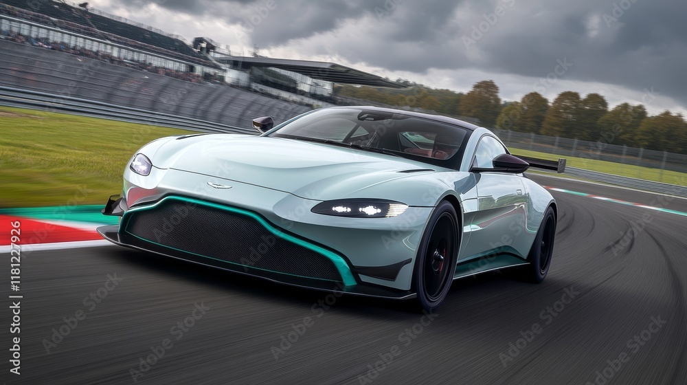 Fototapeta premium motorsport driver perspective, pure white aerodynamics, maroon racing accents, midnight black safety features, platinum mirror finish, speed motion capture, turquoise track markings, amber