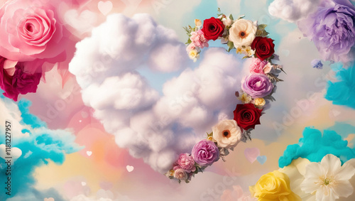 Heart-Shaped Cloud with Flowers in a Pastel Sky. Banner for Valentine's Day or wedding. Greeting card, Valentine's Day or wedding invitation.