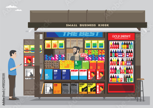 an illustration of an open small box kiosk shop with magazines, drinks, candies and items selling on the street