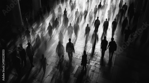 Black and white silhouette of people walking in dramatic lighting photo