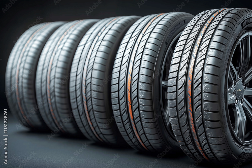 Car tires with a modern tread pattern mounted on disks. Repair and maintenance. Modern materials, wear resistance, improved grip. Car tires with a modern tread pattern mounted on disks. Repair and maintenance. Modern materials, wear resistance, improved grip.