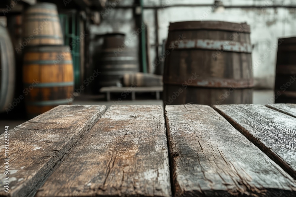 Rustic wooden table, winery barrels background, product display Rustic wooden table, winery barrels background, product display