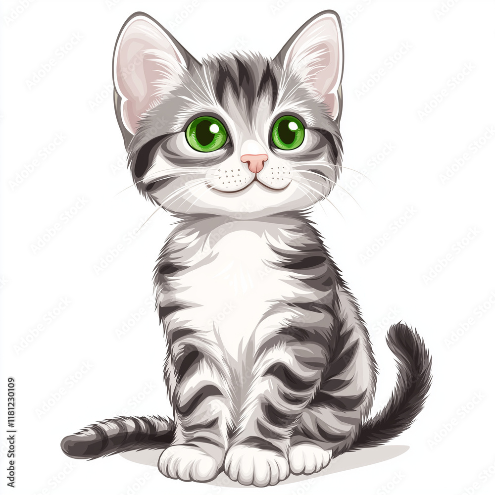 Fototapeta premium American Shorthair cat clipart, a cute gray and white American Shorthair kitten with green eyes sitting on the floor, transparent background