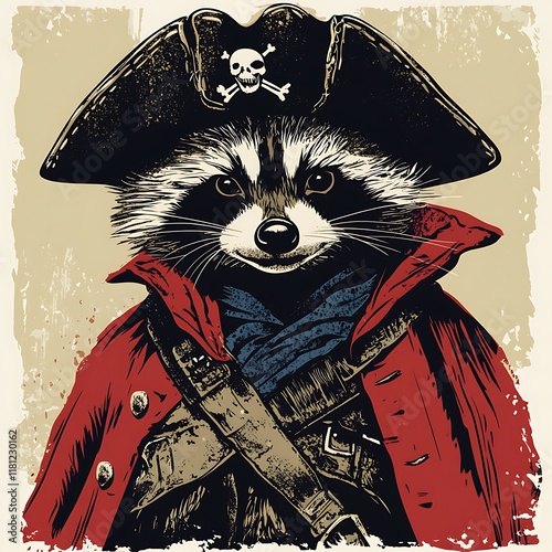 A raccoon dressed as a pirate with a hat and coat. photo