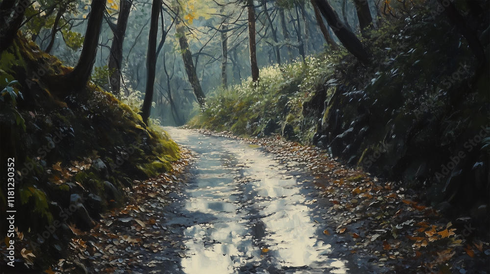 Obraz premium 雨上がりの山道に光が反射する静かな風景