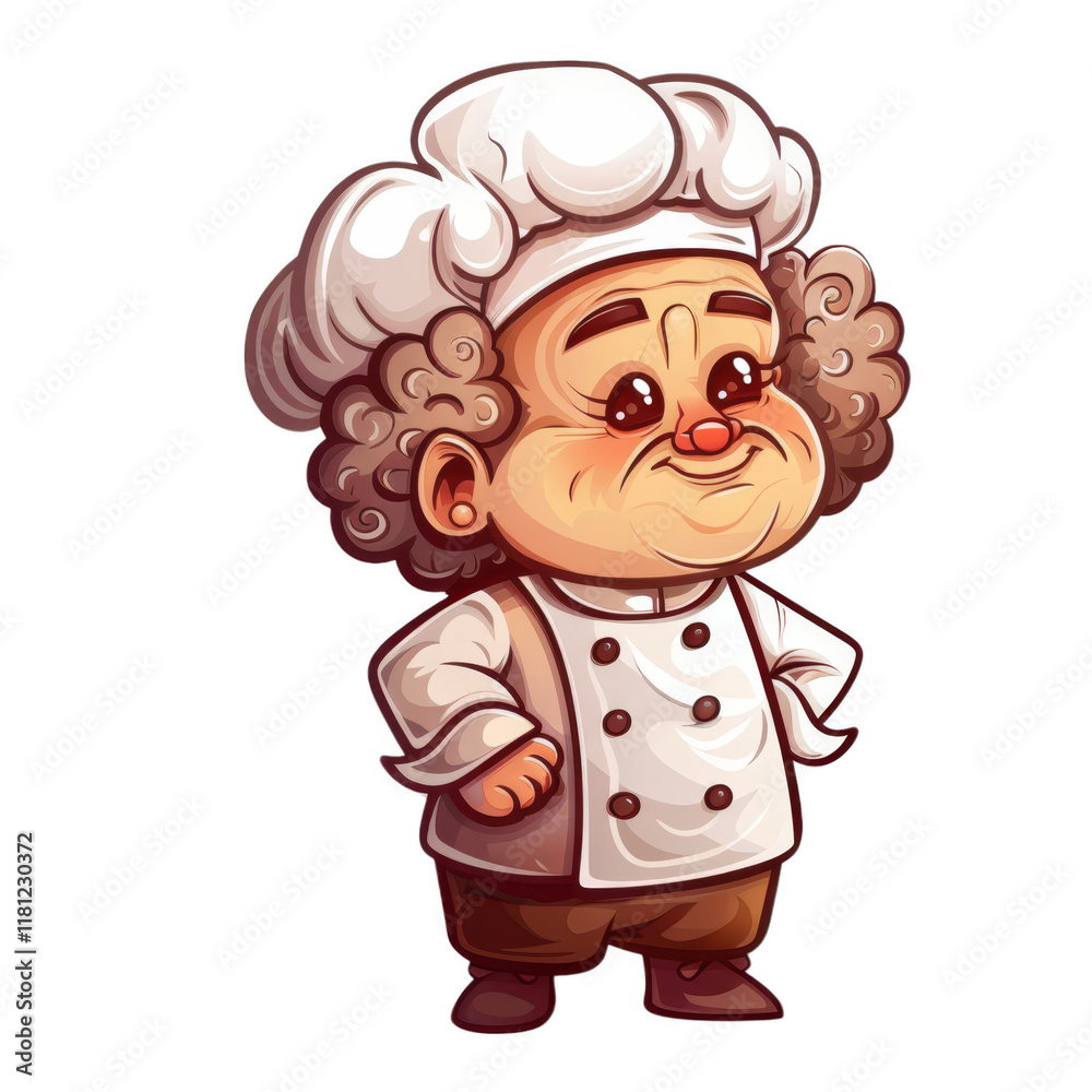 Obraz premium Cartoon chef with white hat, apron, and brown pants stands with hands on hips.