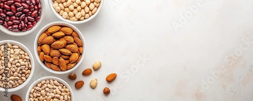 A variety of nuts and legumes displayed in bowls on a light background, showcasing healthy snack options.