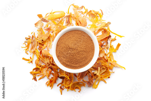 A bowl of organic Mace (Myristica fragrans) or javitri powder, placed over a heap of whole mace. Isolated on a white background. photo