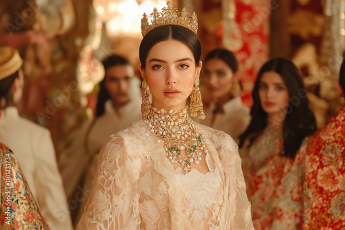 A majestic portrayal of Queen Esther, wearing an elegant gown and crown, embodying strength and grace in a royal setting, symbolizing her significance in the Purim story.
